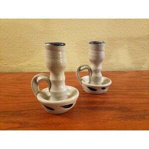 Chamber Pottery Candlestick Holders Salt Glazed Williamsburg Pair Vintage Blue